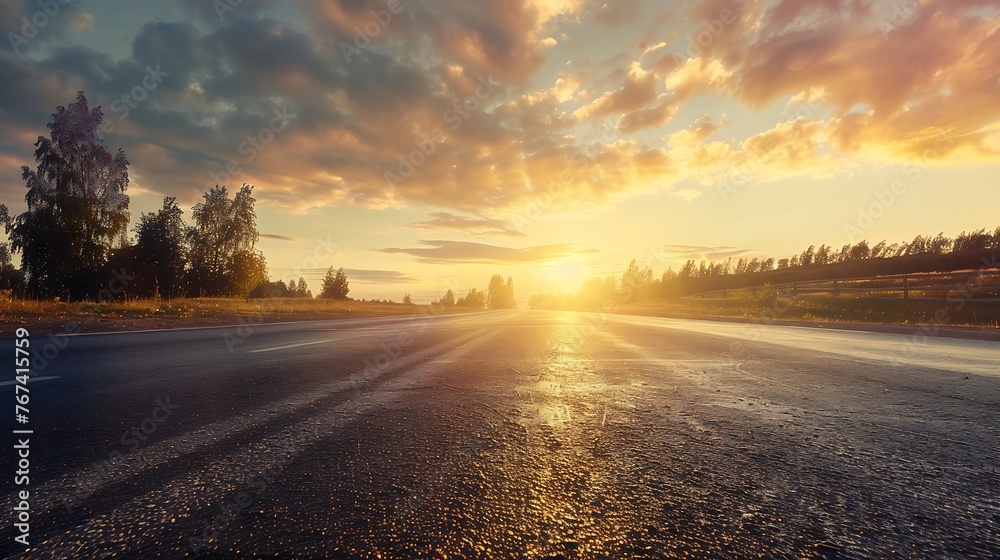 Generative AI : Nature landscape of sunset light above asphalt road