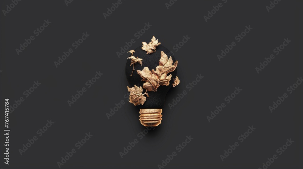  a black and gold brooch with leaves and leaves on the back of the brooch, on a black background. - obrazy, fototapety, plakaty 