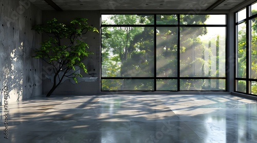 Generative AI   Empty room with glass window frame house interior on concrete wall