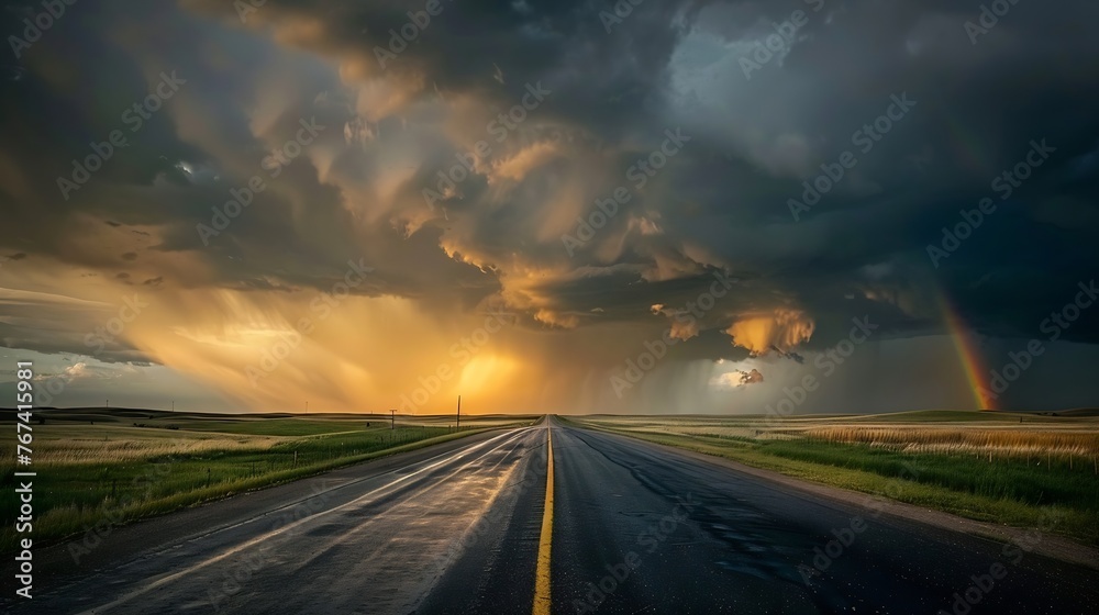 Generative AI : Storm clouds gather over a road that leads into the distance, with rainfall and a rainbow in the distance