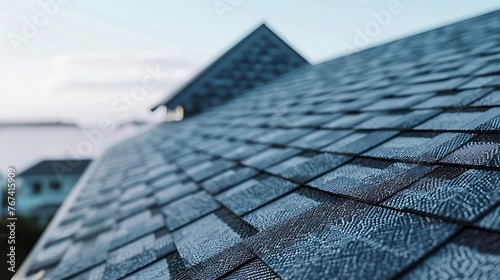 Generative AI : grey roof shingle with with garret house. house roof near sea in morning time. photo