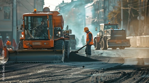 Generative AI : Close view on the workers and the asphalting machines