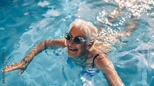 Generative AI : healthy active senior woman swimming in the pool