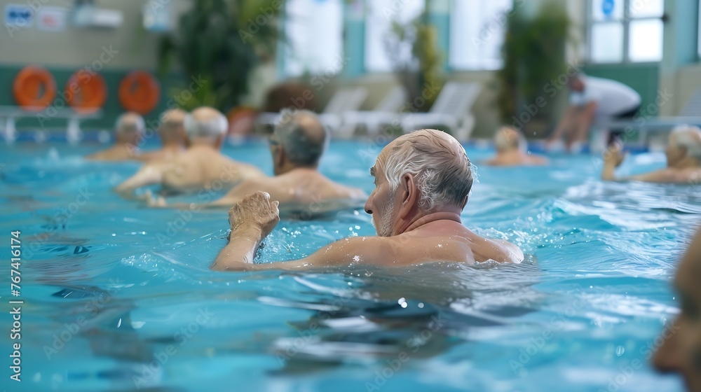 Generative AI : Senior adults in the swimming pool during aqua aerobics class