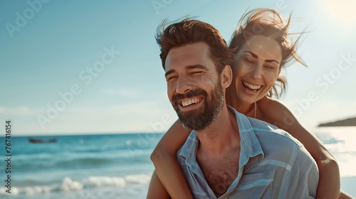 Generative AI : Man giving his smiling wife a piggy back at the beach on a sunny day