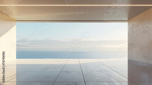Generative AI   Empty wall and floor of luxury sea view pool villa - 3d rendering