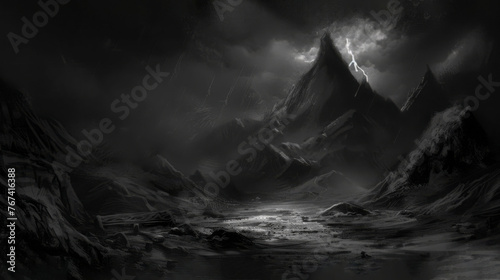  a black and white photo of a mountain range with a dark sky and a light coming from the top of the mountain.