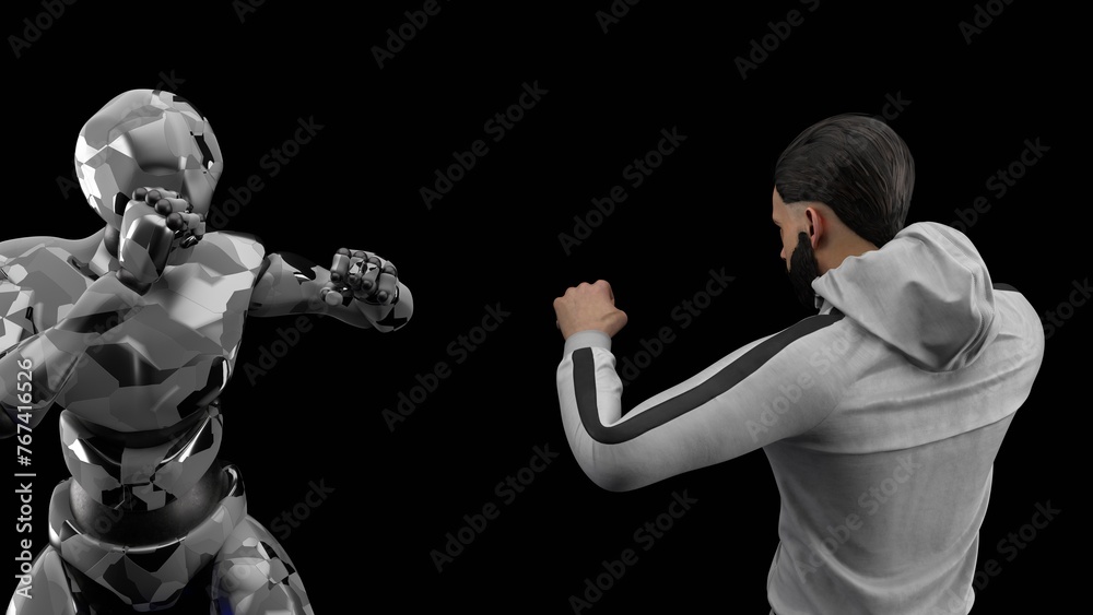 the battle of a man and a robot with artificial intelligence, a fight with boxing punches, fantasy, 3d render, black isolated background