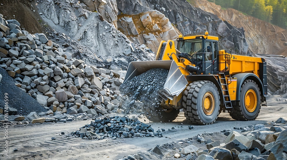 Generative AI : Yellow loader moving with uploaded bucket with stone ...