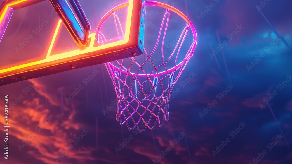 Close-up shot a basketball hoop with neon lights in outdoors at sunset.