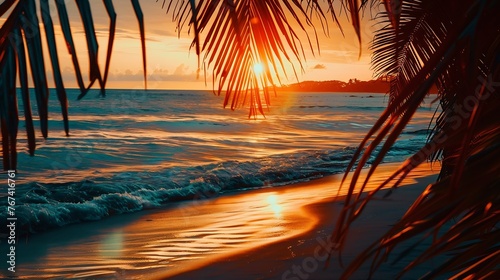 Generative AI : Beautiful sunset beach landscape, golden sun glow reflection, summer holidays vacation © The Little Hut