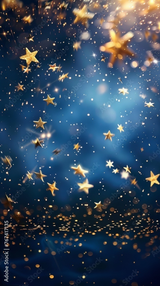 Christmas Background with Gold Stars and Sparkling Dark Blue and Gold Particles