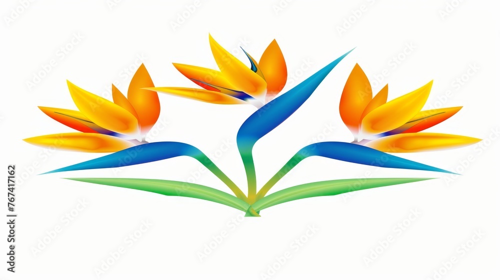 a group of colorful birds of paradise flowers on a white background with a place for the text in the center. a group of colorful birds of paradise flowers on a white background with a place for the text in the center.