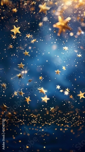 Christmas Background with Gold Stars and Sparkling Dark Blue and Gold Particles