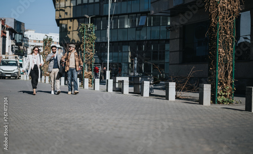Three young professionals engaged in a discussion while walking through a sunny urban street, analyzing business trends.