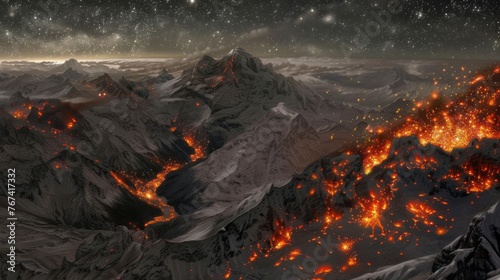  an artist's rendering of a mountain scene with fire and smoke coming out of the top of the mountain.