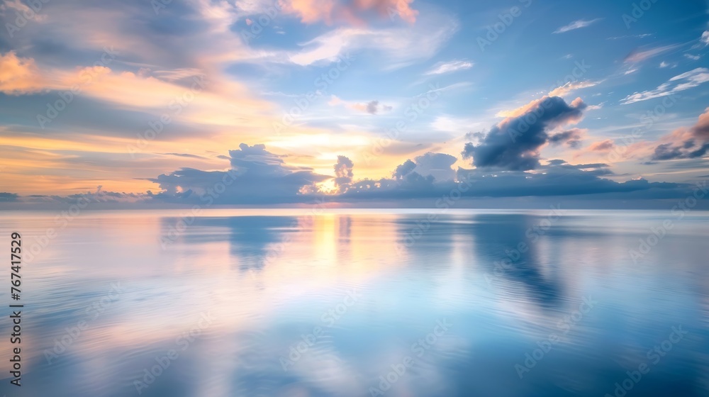 Generative AI : Landscape Long exposure of majestic clouds in the sky sunset or sunrise over sea with reflection in the tropical sea.