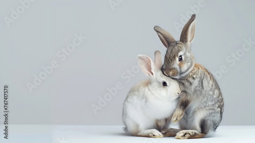 Generative AI : Little couple rabbit sitting with Geometric color shapes on isolated white background at studio.