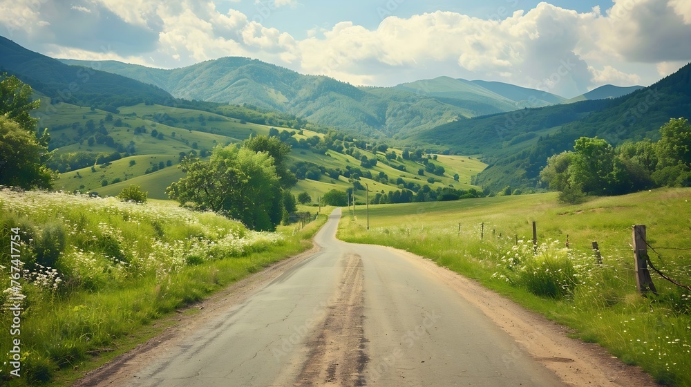 Fototapeta premium Generative AI : country road and green mountains in summer.