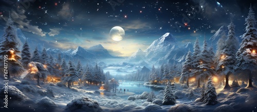 The cloudless sky reveals a full moon casting a silvery glow over the snowy forest landscape, creating a tranquil and mesmerizing atmosphere