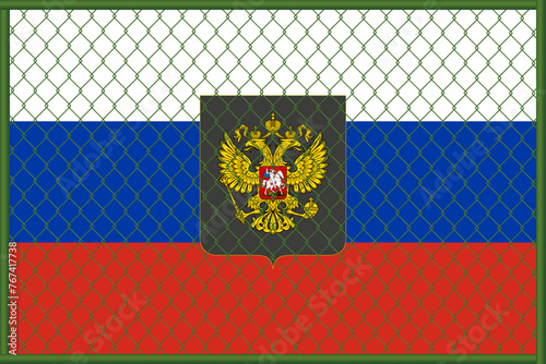 Vector illustration of the flag and coat of arms of Russia under the lattice. Concept of isolationism