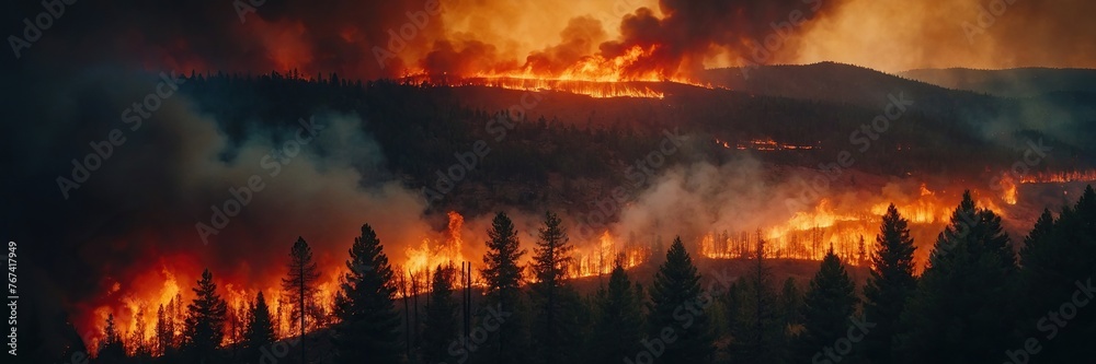 Fiery wildfire engulfing forest or urban area