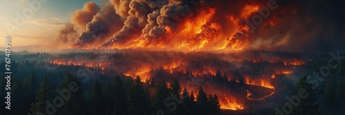 Fiery wildfire engulfing forest or urban area