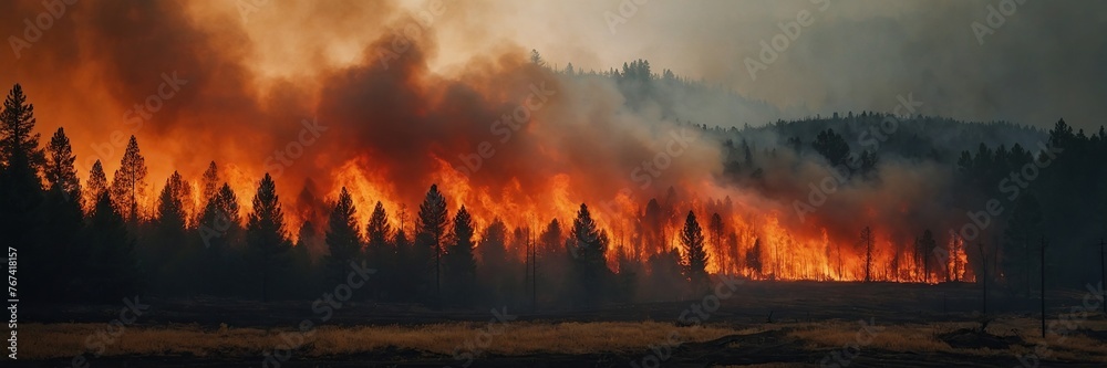 Fiery wildfire engulfing forest or urban area