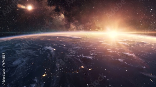 Generative AI   Panoramic view of the Earth  sun  star and galaxy. Sunrise over planet Earth  view from space.