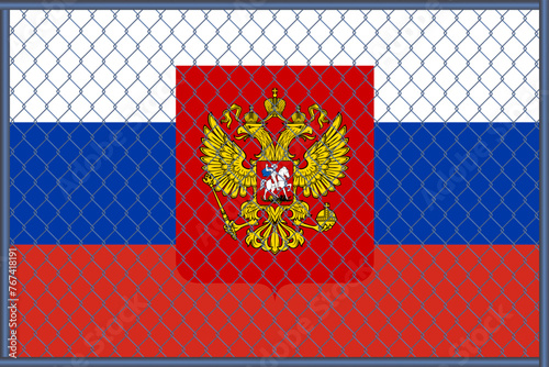 Vector illustration of the flag and coat of arms of Russia under the lattice. Concept of isolationism