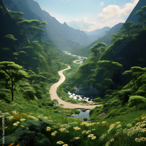 A painting of a winding road in the mountains