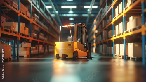 Generative AI : Forklift Truck AGV robots efficiently sorting hundreds of parcels per hour(Automated guided vehicle) AGV.3d rendering photo