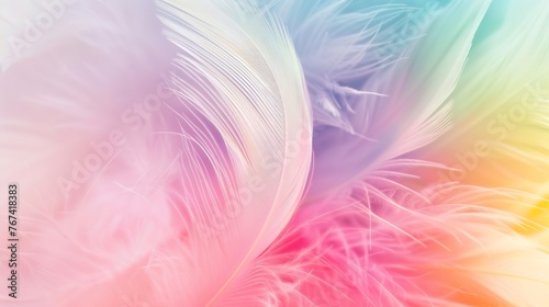 Generative AI : Abstract feather rainbow patchwork background. Closeup image of white fluffy feather under colorful pastel neon foggy mist. 