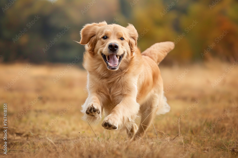 A happy dog runs through an open field A happy dog runs through an open field