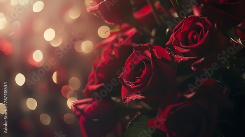 Generative AI : close up beautiful red roses bouquet with glowing light background for valentine day and love theme