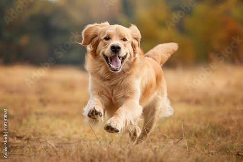 A happy dog runs through an open field