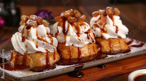  three desserts with whipped cream and caramel drizzled on top of each other on a plate.