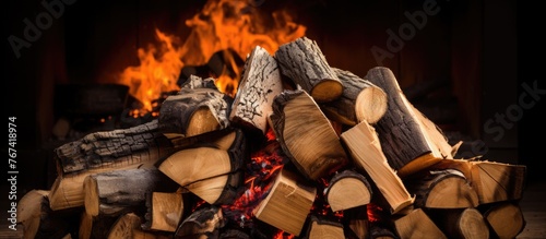 A detailed view showing a stack of timber lying beside a burning flame in an outdoor setting