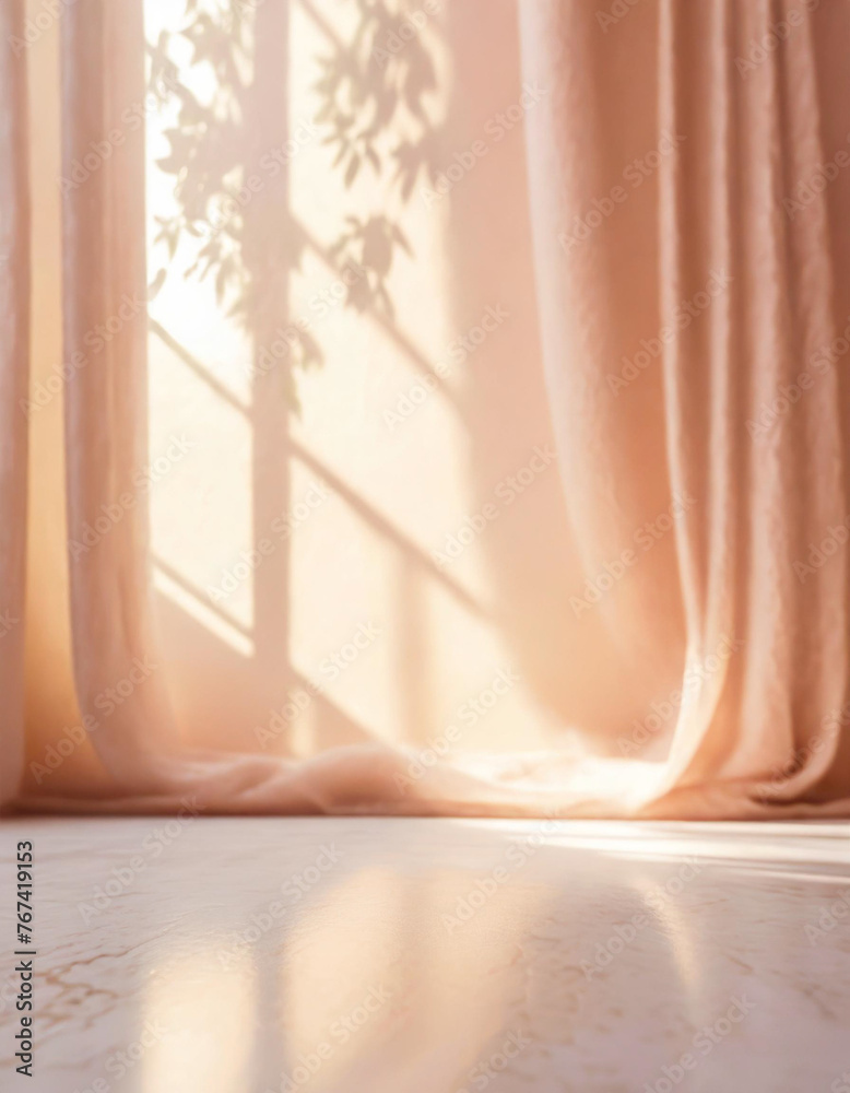 Backlit window with delicate beige-pink translucent curtains in an empty room. Peach fuzz color 2024.. Backlit window with delicate beige-pink translucent curtains in an empty room. Peach fuzz color 2024..
