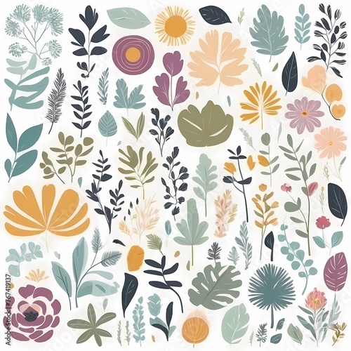 A collection of seamless pattern, colorful abstract plants and flowers. Hand drawn Collection of leaves and flowers. A close up of a pattern of flowers and leaves. 