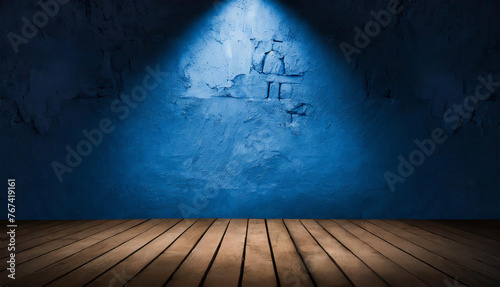 Display Stand and Exhibition Stand for Items with Wooden, Marble, Sand, Neon Surface with Smoke and Grey, Blue Damaged Concrete Wall, Mountain Background