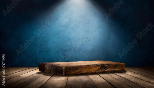 Display Stand and Exhibition Stand for Items with Wooden, Marble, Sand, Neon Surface with Smoke and Grey, Blue Damaged Concrete Wall, Mountain Background