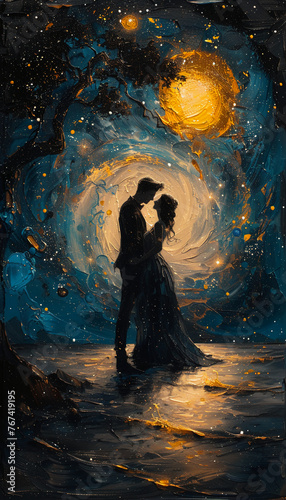 wedding in a starry night, bride and groom. ai generative