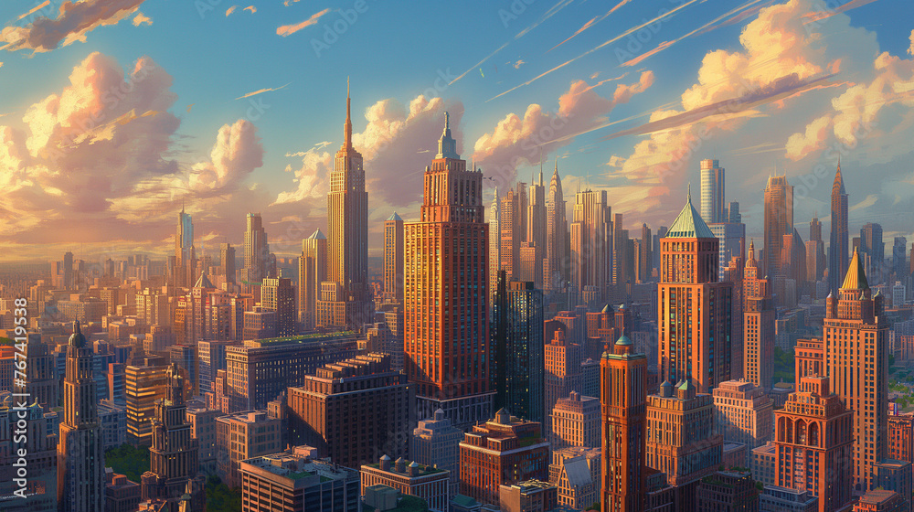 Obraz premium the city, generative ai, landscape, architecture, chasny house, background, modern, art nouveau, city, skyline, skyscraper, building, new york, cityscape, manhattan, sky, buildings, view, downtown, ur