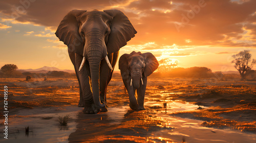 two African elephants walk along the savannah against the backdrop of sunset. mammals and wildlife
