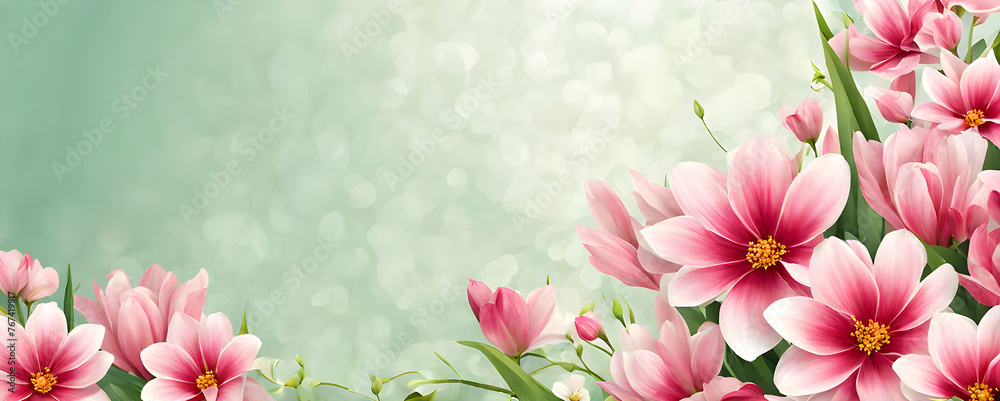 Abstract red pink flowers on white bright  bokeh light background with copy space banner design