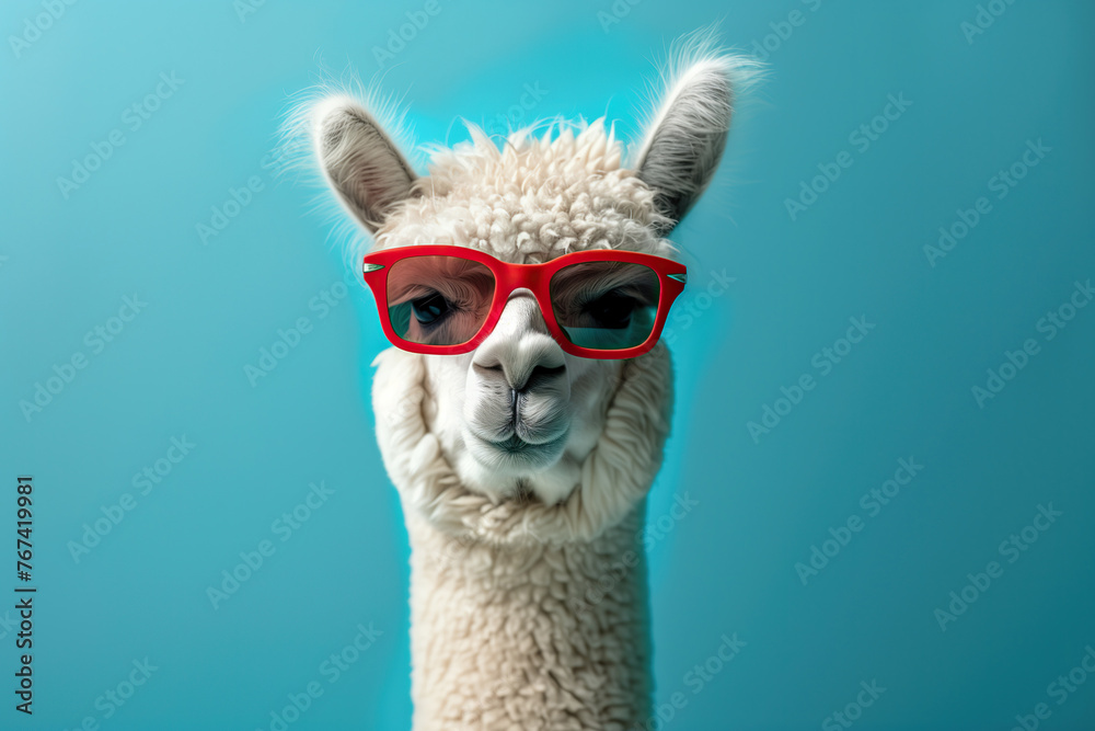 Fototapeta premium Funny white alpaca with red sunglasses on a blue background