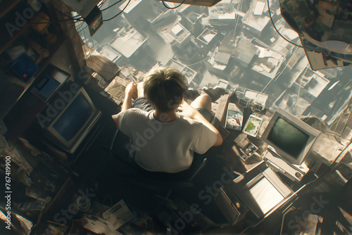 Illustration of Industrial office style with office worker and panoramic windows with blurry cityscape. teenager guy man mess in the room. sunlight falls through the window a lot of garbage and papers