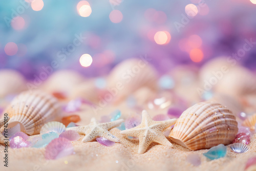 Starfish and seashells on a sandy beach
