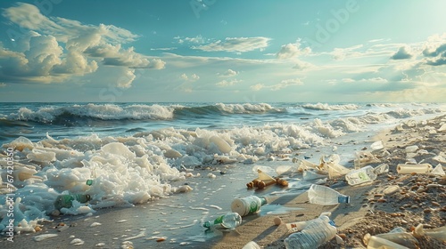 Scattered plastic bottles and trash on sandy beach, washed by sea waves at sunset.